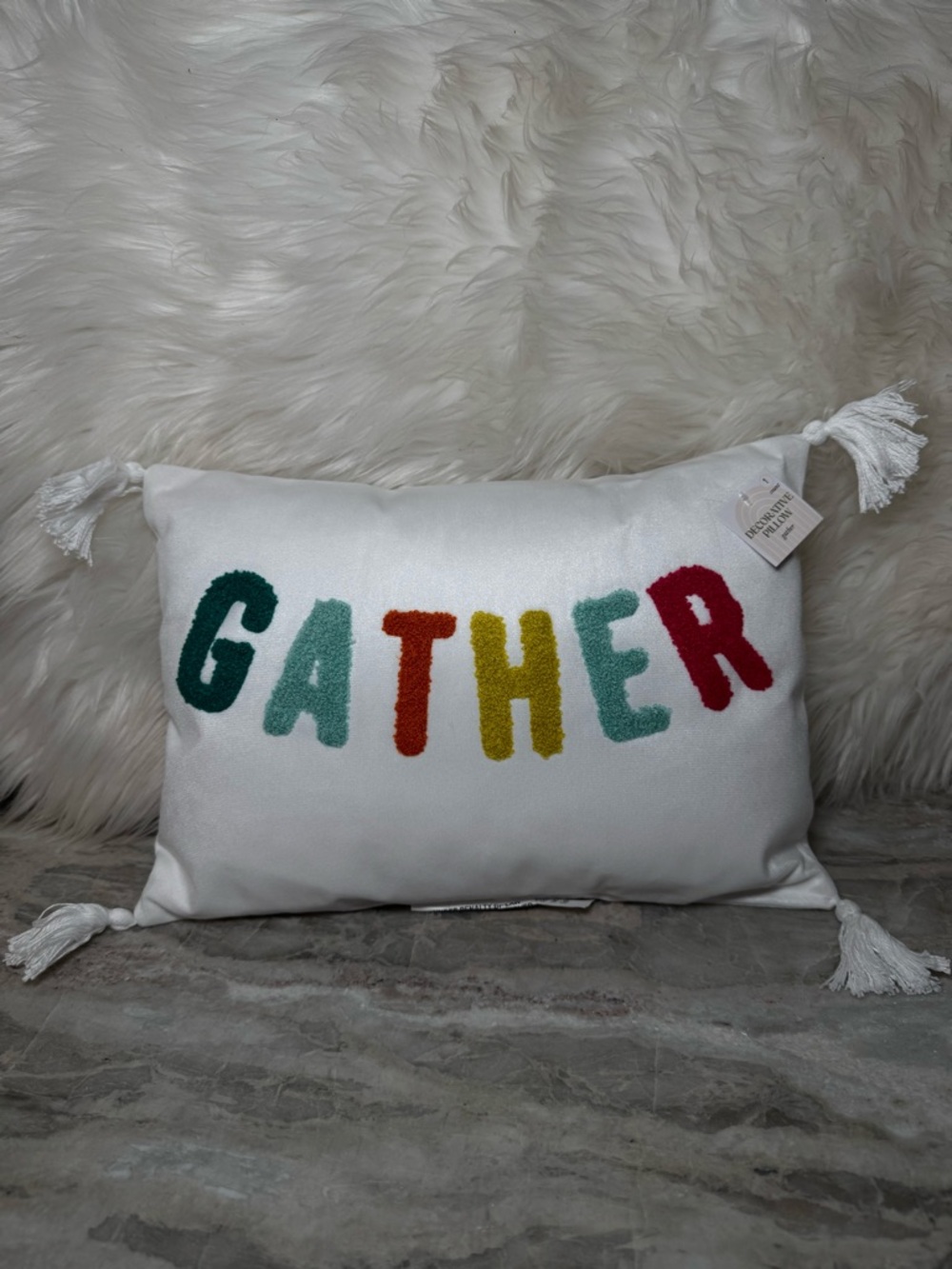 Target White Holiday Pillow with Multicolor 'GATHER' Lettering